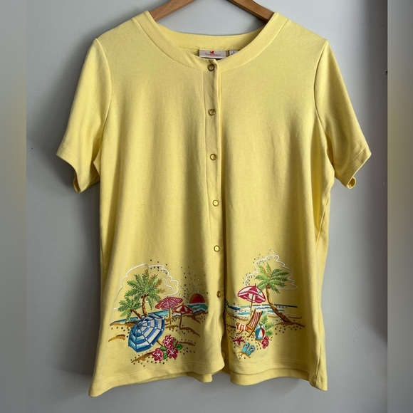 Quacker Factory Button Up T-Shirt Casual Beach Summer Vacation Theme Large - Picture 1 of 9